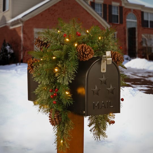 3ft. Pre-Lit Feel Real® Pinecone & Berry Colonial Artificial Christmas Mail Box Swag, Warm White LED Lights
